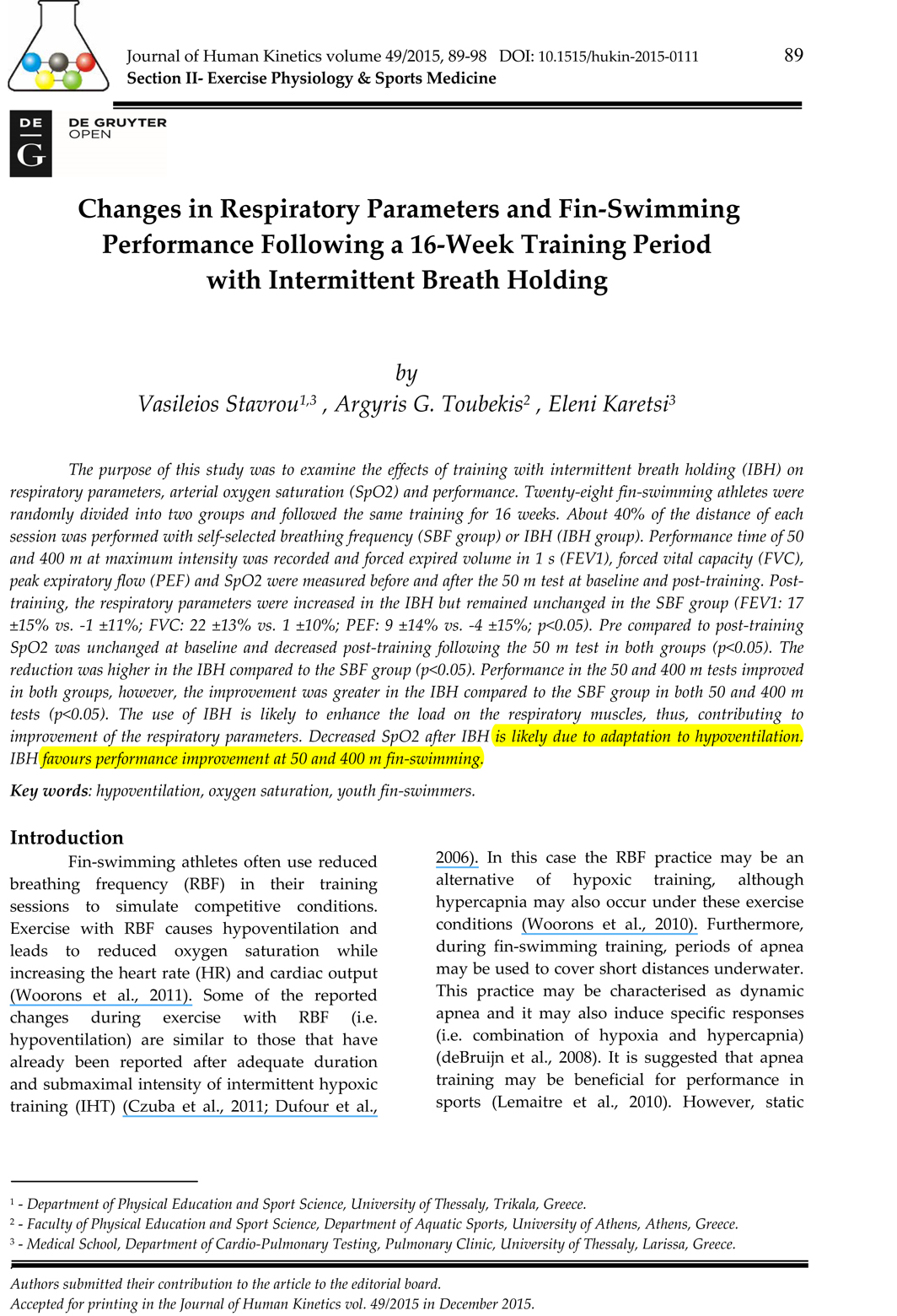 hypoventilation training in fin swimming